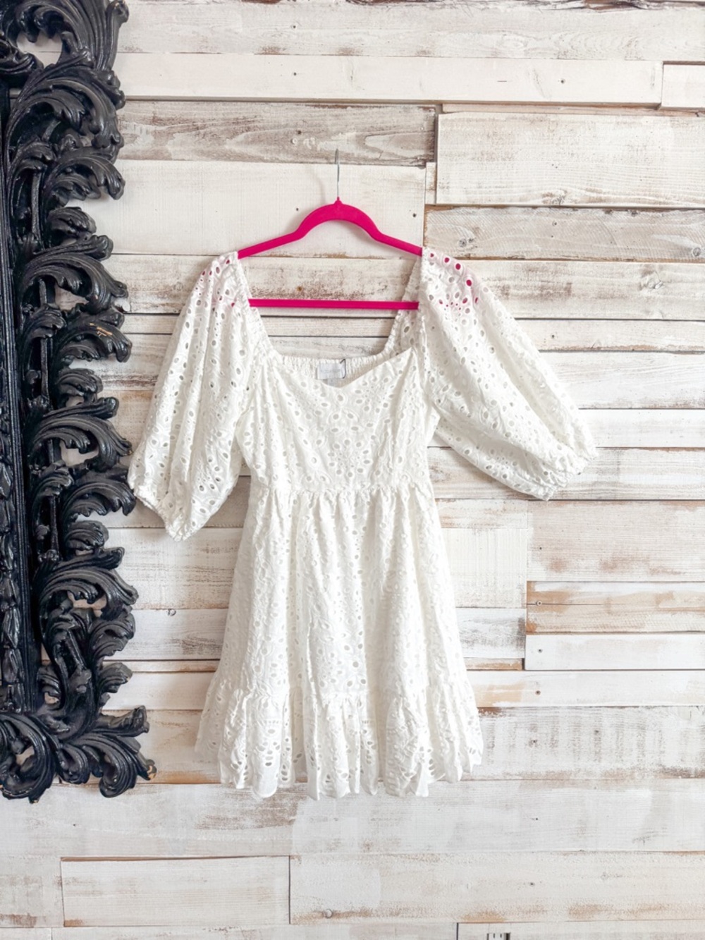 White Eyelet Puff Sleeve Mini Dress